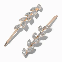 Rose Gold Pavé Crystal Leaf Hair Pins - 2 Pack