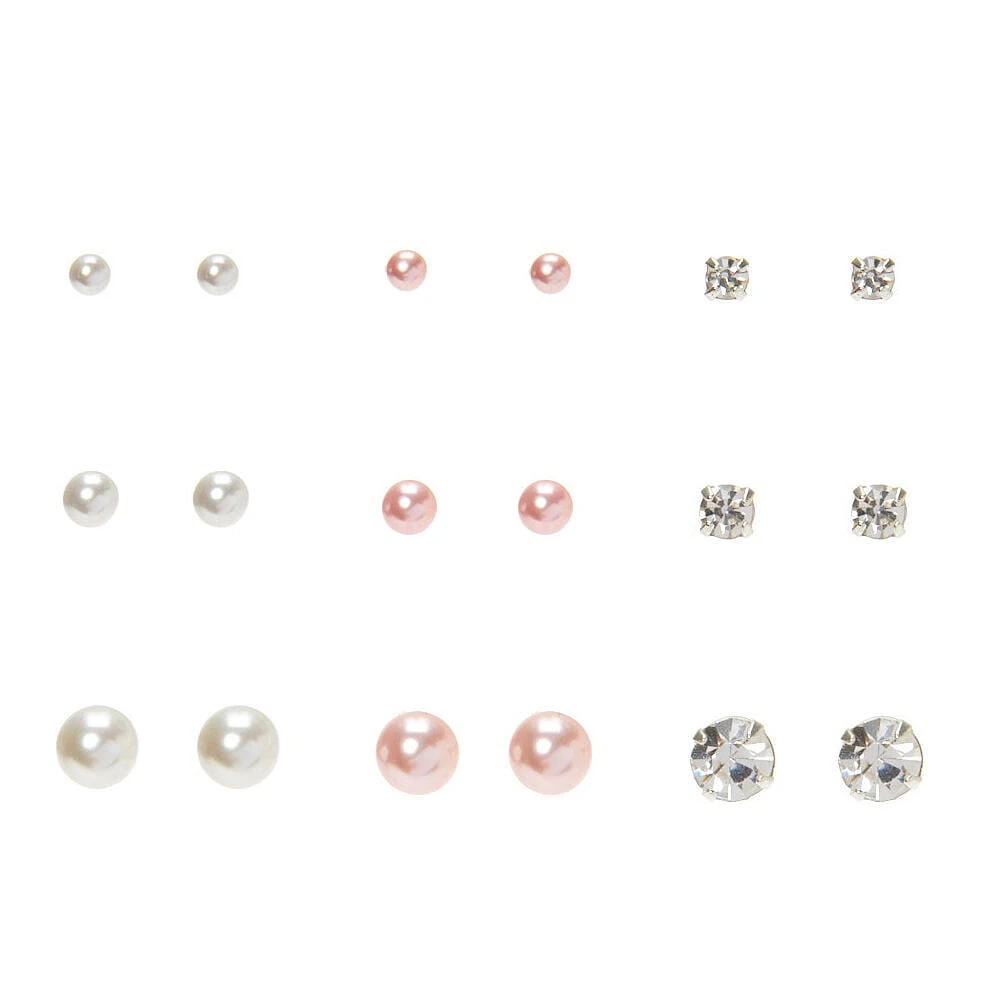 Silver Pearl Graduated Stud Earrings - 9 Pack