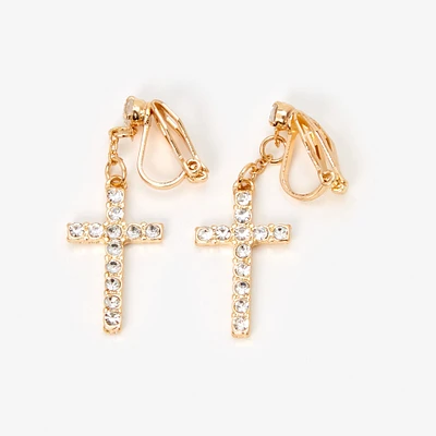 Gold-tone Crystal Cross Clip-On 1.5" Drop Earrings