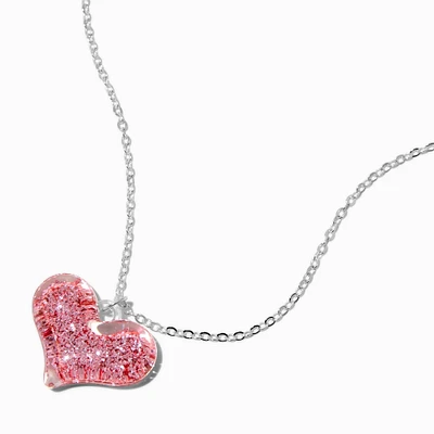 Pink Glitter Heart Silver-tone Pendant Necklace