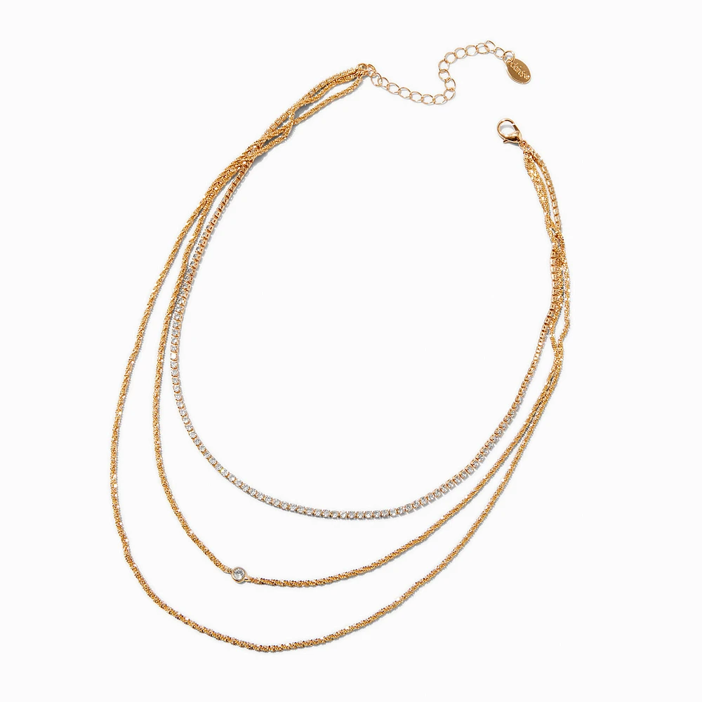 Gold-tone Cubic Zirconia Bezel Laser Multi-Strand Chain Necklace