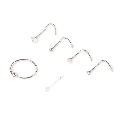 Silver 20G Ball Heart Hoop Nose Ring & Studs - 6 Pack