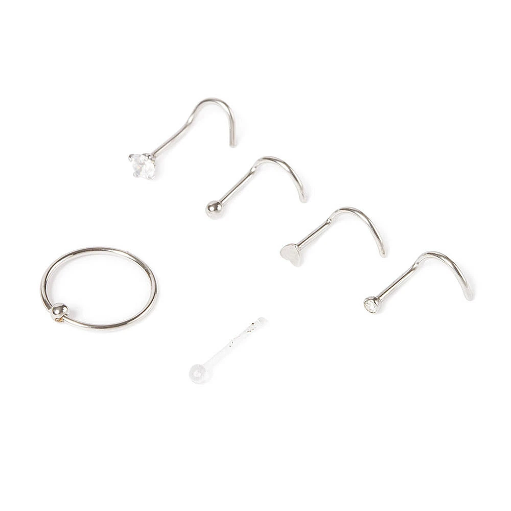 20G Silver-tone Stainless Steel Ball Heart Nose Ring & Studs - 6 Pack