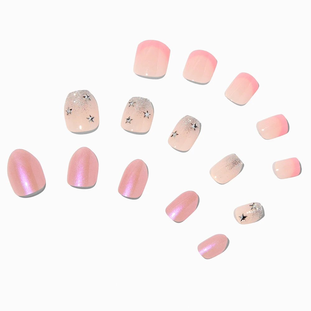 Pink Gem Mixed Press On Vegan Faux Nail Set - 3 Pack