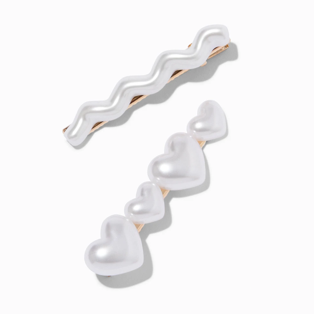 Pearl Heart & Wave Hair Clips - 2 Pack