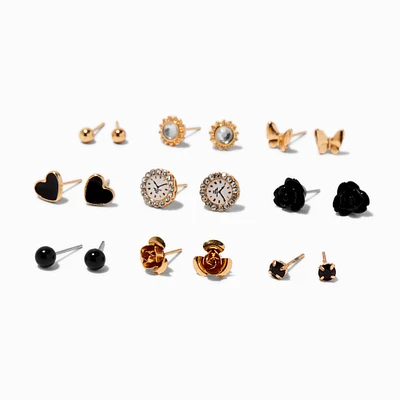 Black Heart & Clock Mixed Stud Earrings - 9 Pack