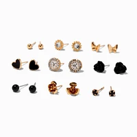 Black Heart & Clock Mixed Stud Earrings - 9 Pack