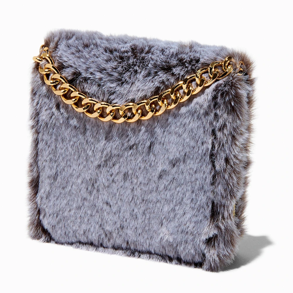 Furry Gray Chain-Strap Wallet