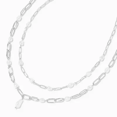 Silver Pearl Paperclip Necklace Set - 2 Pack