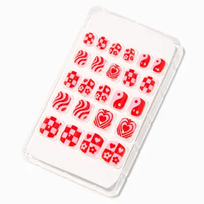 Pink & Red Tonal Groovy Square Press On Faux Nail Set - 24 Pack