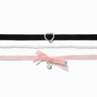 Pink Mesh Heart Velvet Choker Necklaces - 3 Pack