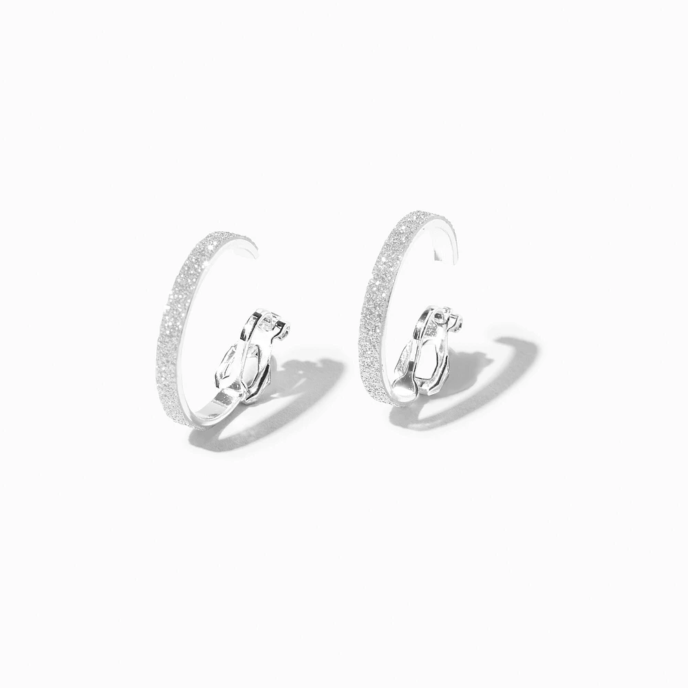 Silver-tone Thin Glitter 20mm Clip-On Hoop Earrings