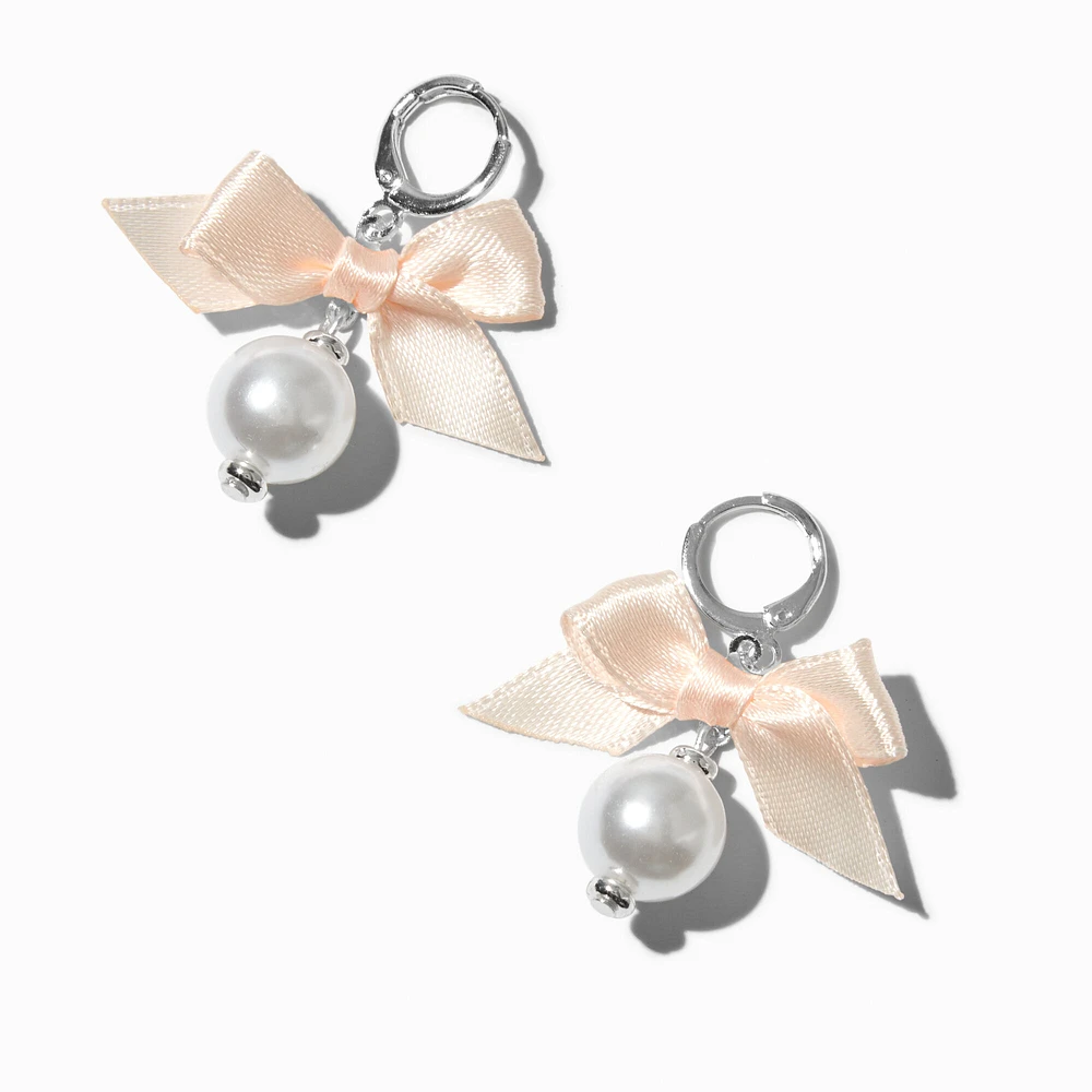 Pink Bow Pearl Charm Silver-tone Huggie Hoop Earrings