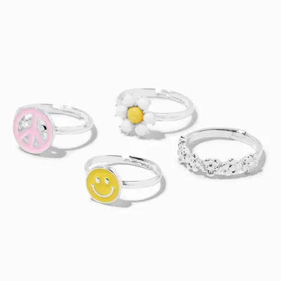 Silver-tone Happy Face Rings Set - 4 Pack