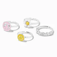 Silver-tone Happy Face Rings Set - 4 Pack