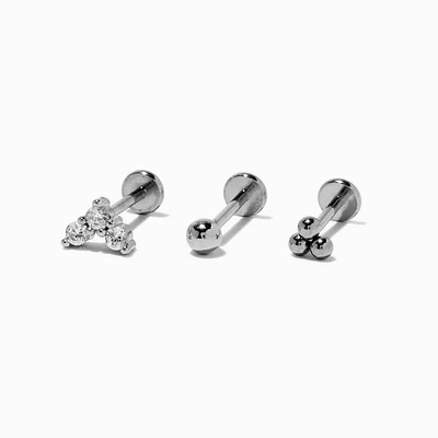 Silver-tone Stainless Steel 18G Stud Threadless Cartilage Earrings - 3 Pack