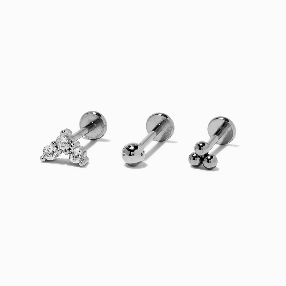 Silver-tone Stainless Steel 18G Stud Threadless Cartilage Earrings - 3 Pack