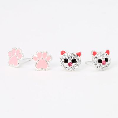 Sterling Silver Crystal Cat Stud Earrings - 2 Pack, Pink
