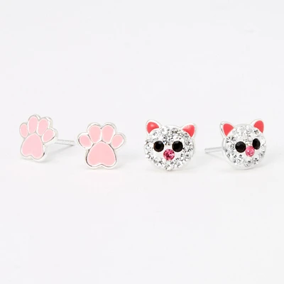 Sterling Silver Crystal Cat Stud Earrings - 2 Pack, Pink