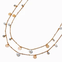Long Gold-tone Coin & Pearl Confetti Multi-Strand Necklace