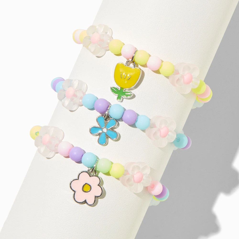 Claire's Club Spring Floral Beaded Charm Stretch Bracelets - 3 Pack