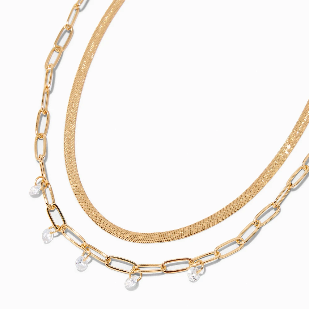 Gold Paperclip & Cubic Zirconia Multi-Strand Necklace