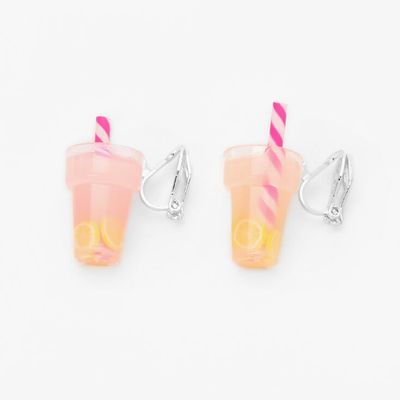 Silver 1.5" Pink Lemonade Clip On Drop Earrings