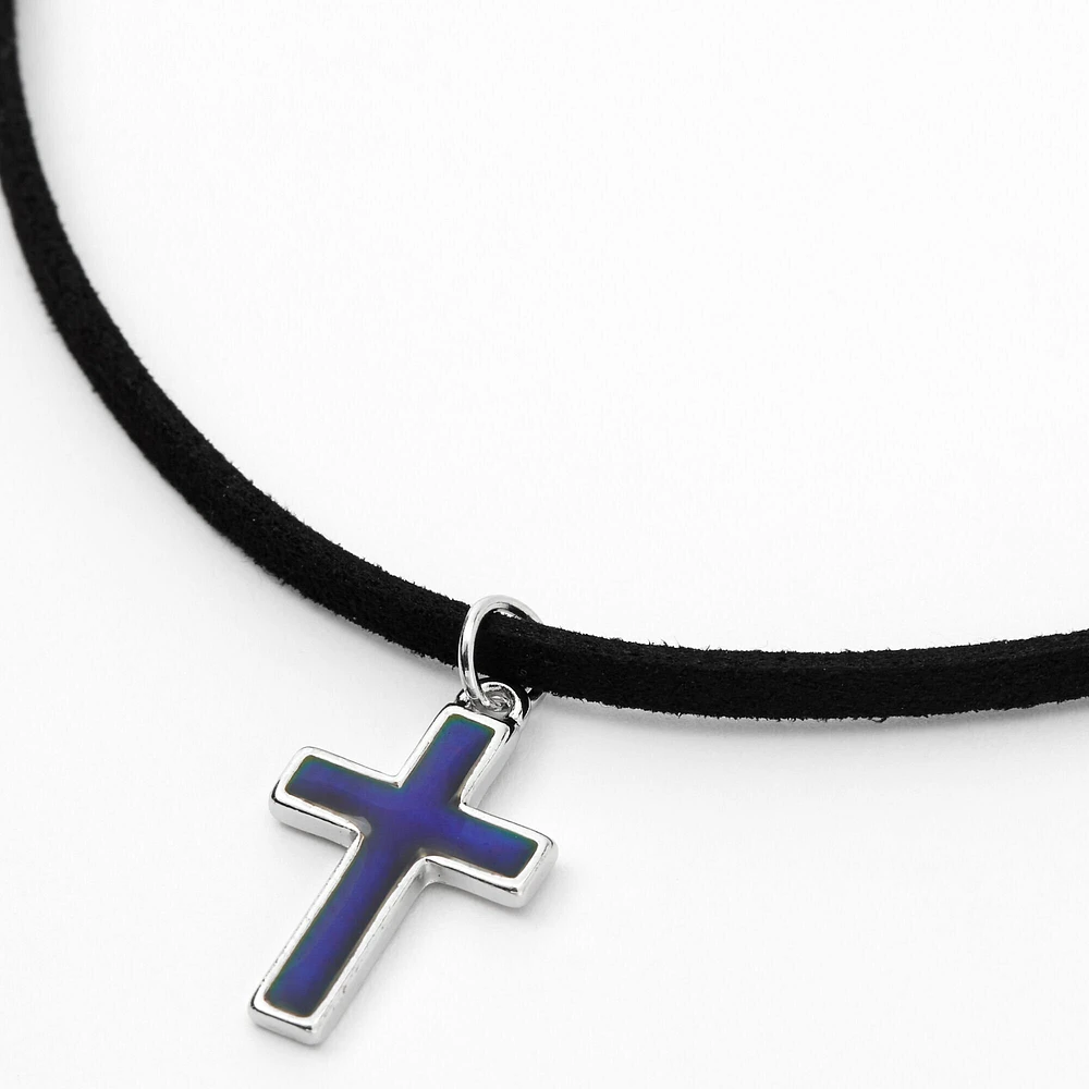 Silver Mood Cross Cord Pendant Necklace - Black