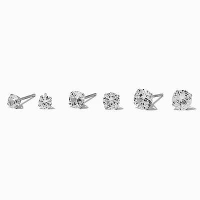 Silver-tone Stainless Steel Round Cubic Zirconia Stud Earrings - 3 Pack