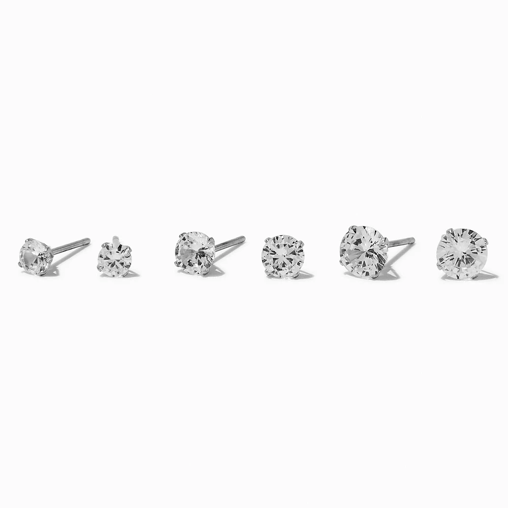 Silver-tone Stainless Steel Round Cubic Zirconia Stud Earrings - 3 Pack