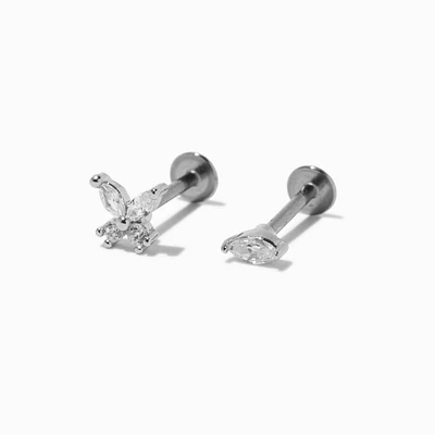 Silver-tone Cubic Zirconia Bow & Stud 18G Stud Threadless Cartilage Earrings - 2 Pack