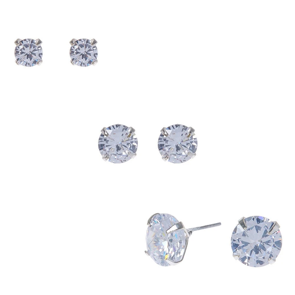 Silver-tone Cubic Zirconia 5mm, 7mm, & 9mm Round Stud Earrings - 3 Pack