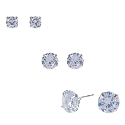 Silver-tone Cubic Zirconia 5MM, 7MM, 9MM Round Stud Earrings - 3 Pack