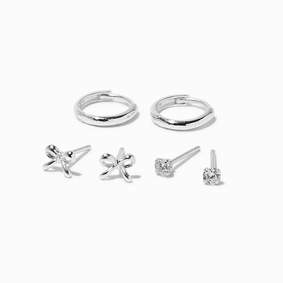C LUXE by Claire's Sterling Silver Cubic Zirconia Hoop & Bow Stackable Earrings - 3 Pack