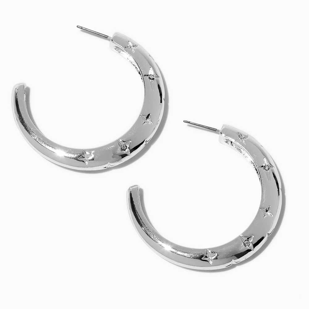 Silver-tone Star Stamped 50MM Hoop Earrings