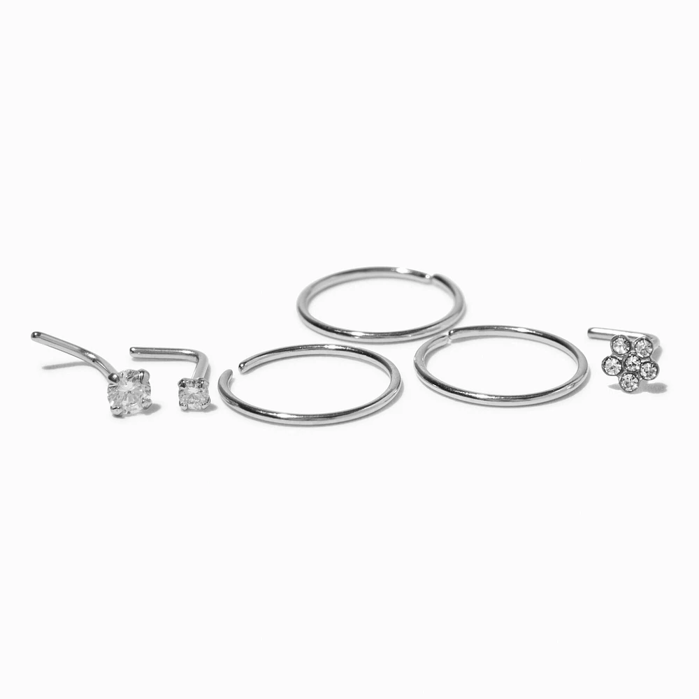 Silver-tone Stainless Steel Cubic Zirconia 20G Daisy & Square Studs & Hoops - 6 Pack