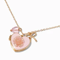 Pink Rose Heart Locket Gold-tone Pendant Necklace