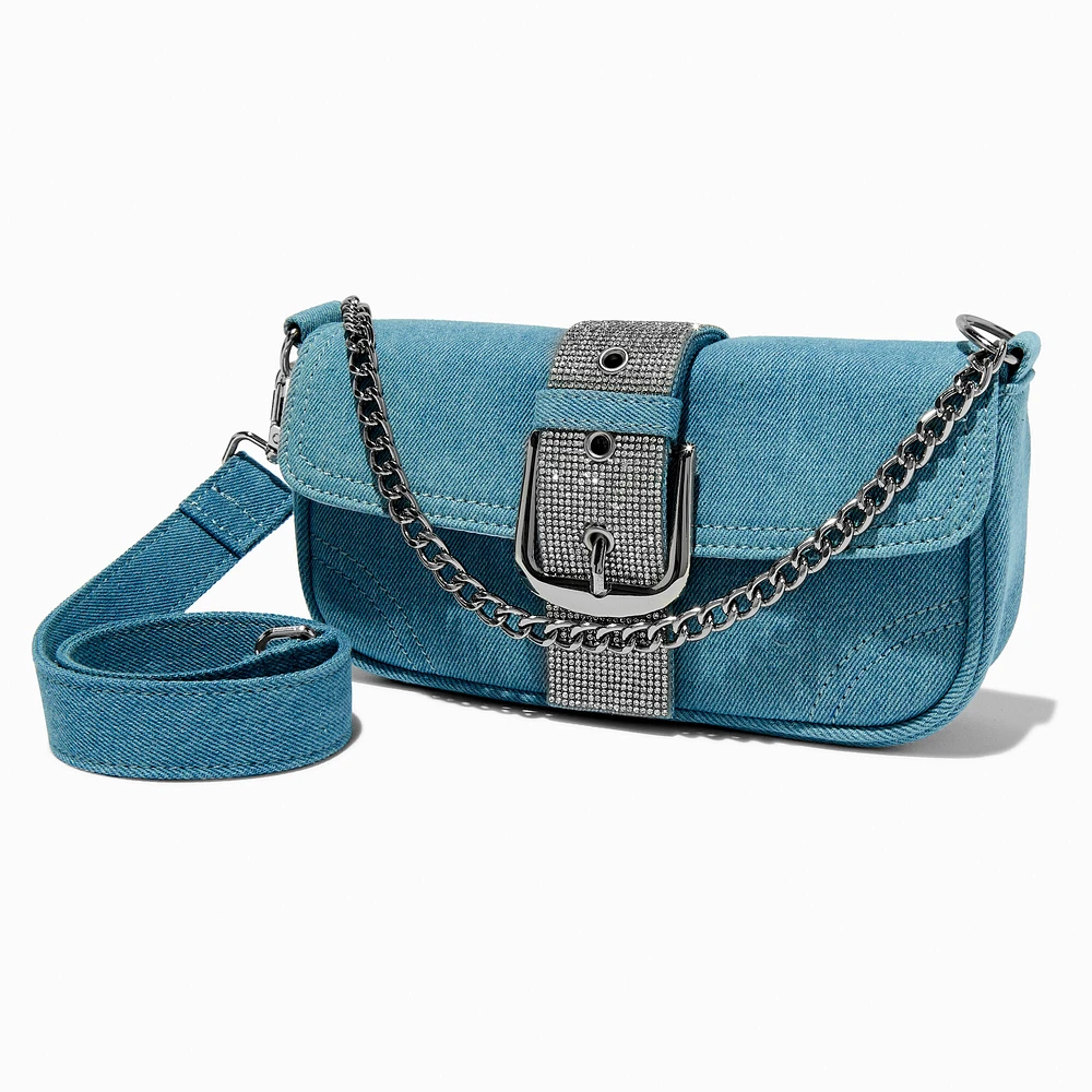 Denim & Rhinestone Dual-Strap Crossbody Bag