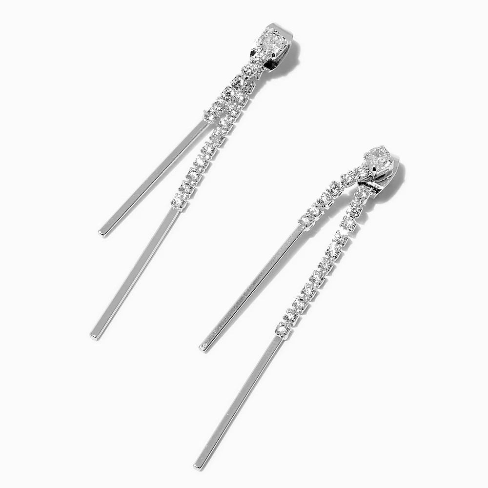 Silver-tone Cubic Zirconia Stick Front & Back Drop Earrings