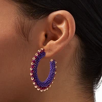 Purple & Gold-tone Beaded Hoop Earrings