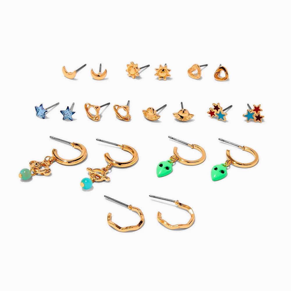 Celestial & Space Gold-tine Earrings Set - 9 Pack