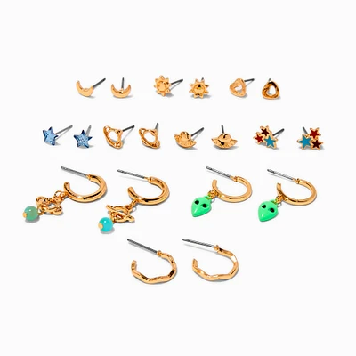 Celestial & Space Gold-tine Earrings Set - 9 Pack