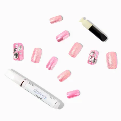 Pink Glitter Gem Mid Square Press On Vegan Faux Nail Set -  24 Pack