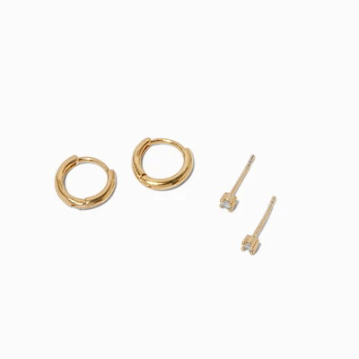 C LUXE by Claire's 18kt Gold Plated Cubic Zirconia 2mm & 8mm Round Stud & Clicker Hoop Earrings - 2 Pack