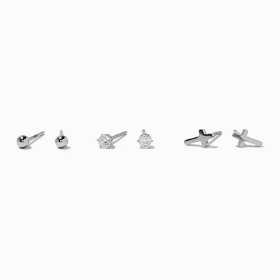 Silver-tone Stainless Steel Cubic Zirconia Cross Stud Earrings - 3 Pack