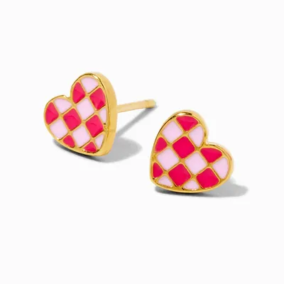 18K Gold Plated Pink Checkered Heart Stud Earrings