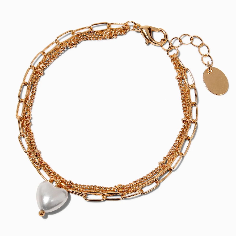 Gold-tone Faux Pearl Heart Multi-Strand Bracelet