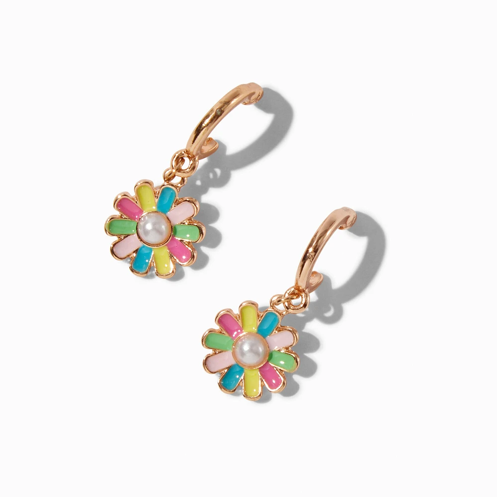 Pastel Pearl Daisy Huggie Hoop Earrings