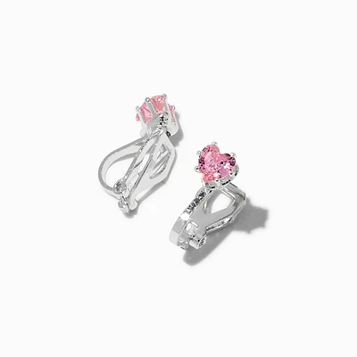 Pink Heart Cubic Zirconia Clip-On Stud Earrings