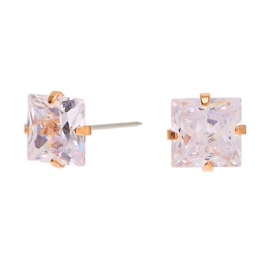 Gold Cubic Zirconia Square Stud Earrings - 7MM